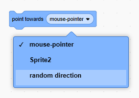 “point towards mouse-pointer” block with dropdown open and an option for random direction highlighted