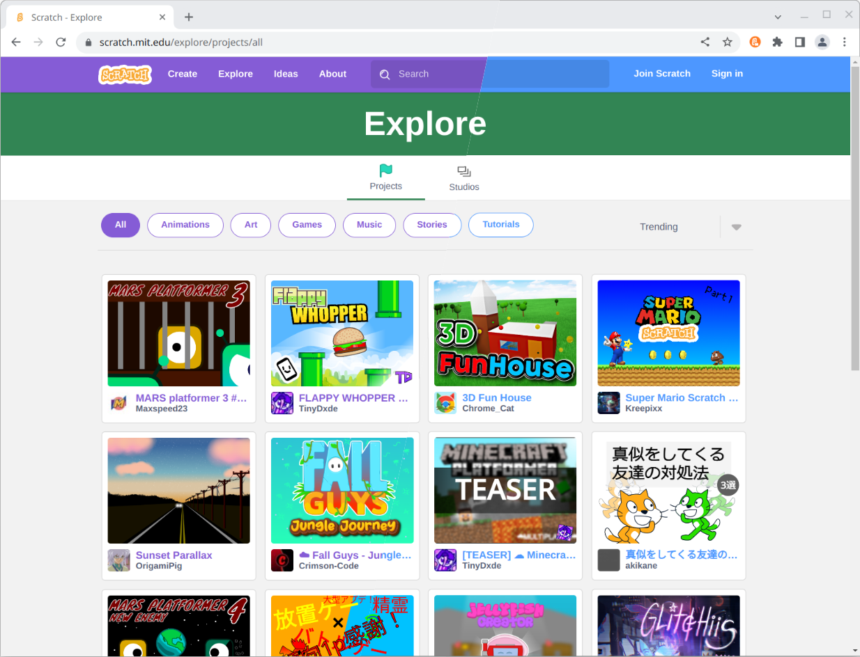 Scratch website with purple on one side and blue on the other