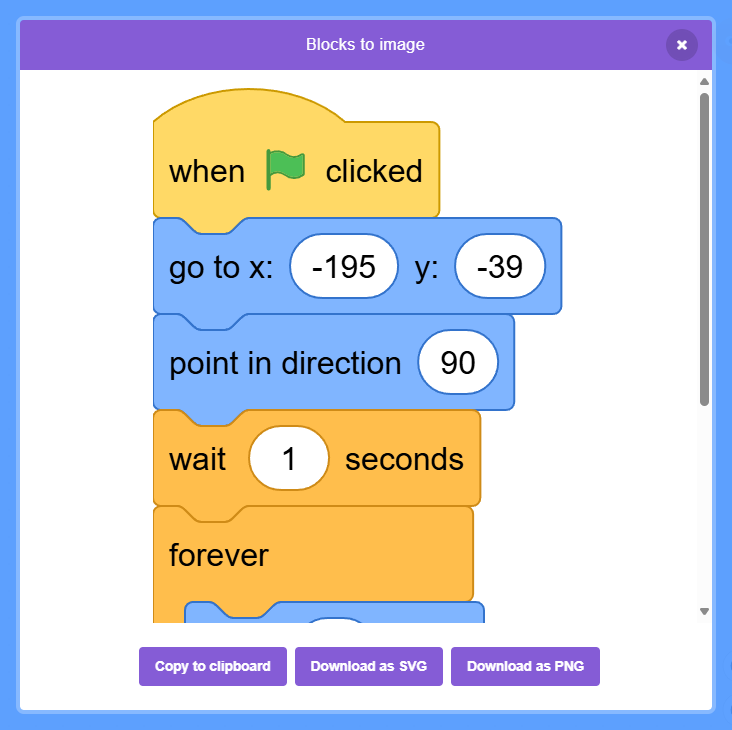 A dialog menu showing a snapshot of Scratch blocks with buttons to save and copy the snapshot