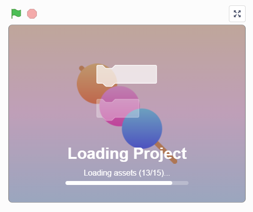 The loading screen for a Scratch project with a faint image of the project’s thumbnail as the background