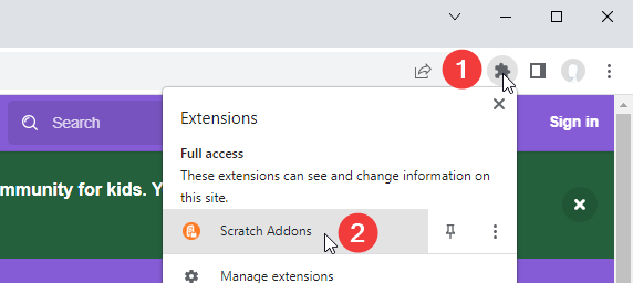 Åpne Scratch Addons popup