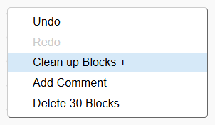 Screenshot of the code area context menu with the “Clean up Blocks +” option highlighted.